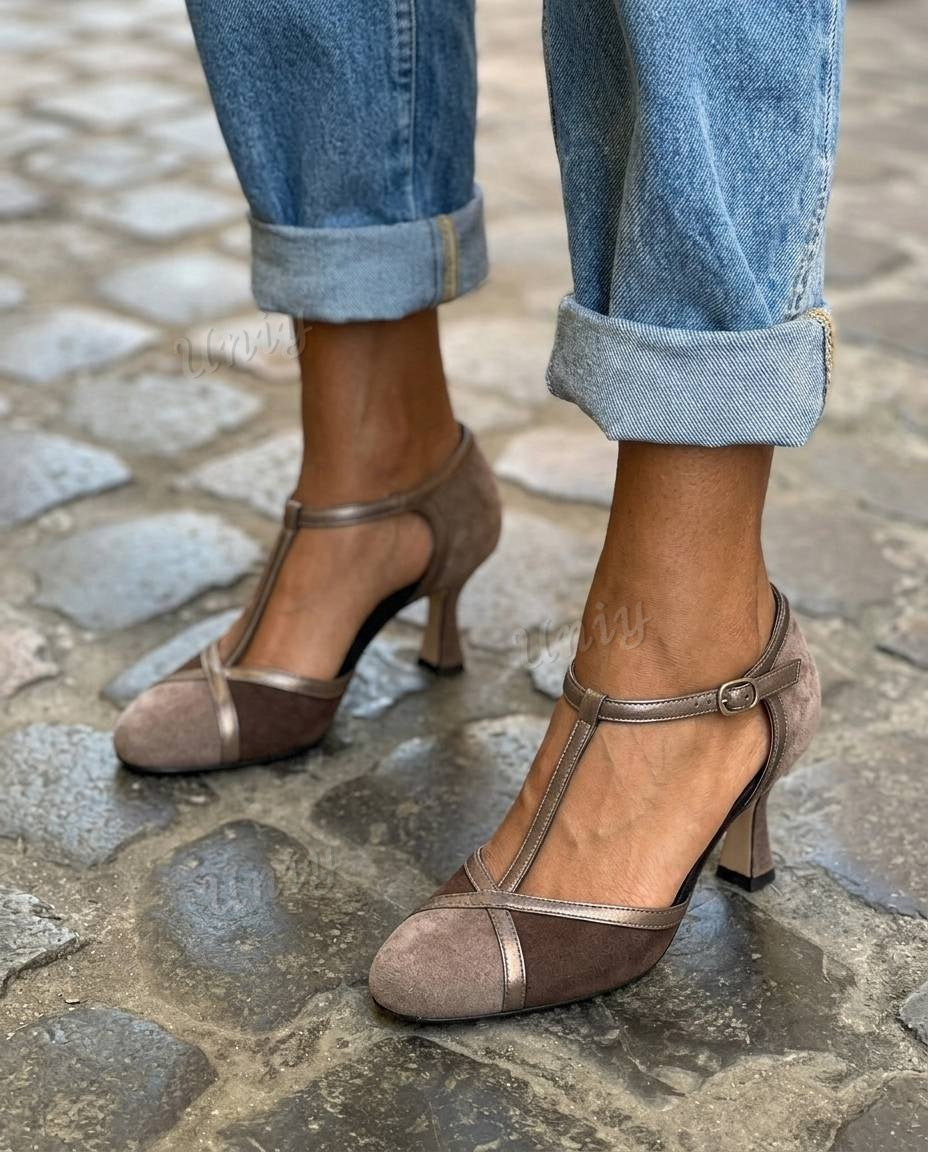 Vintage Suede RoundToe T-Strap Flared Heel Pumps [Pre Order]