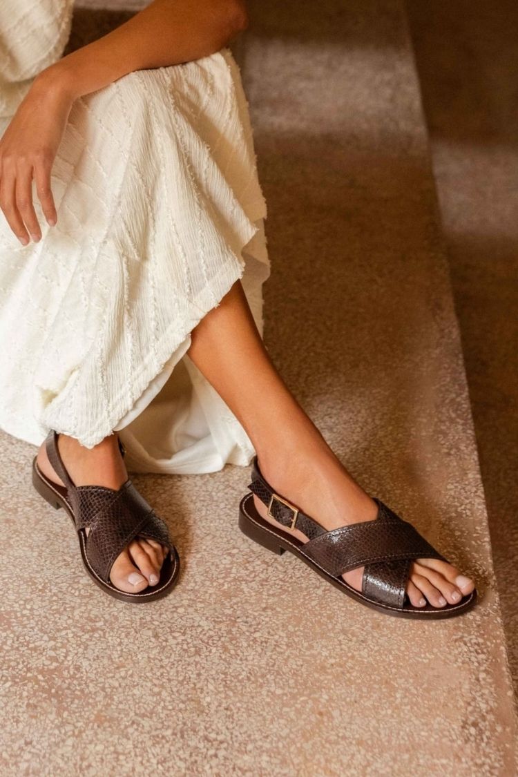 Dark Brown Snakeskin Crossover Strap Slingback Flat Sandals [Pre Order]