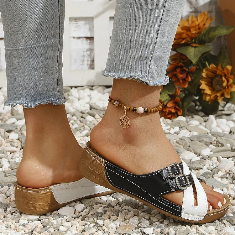 Colorblock Cross Straps Buckles Round Toe Casual Wedge Slippers
