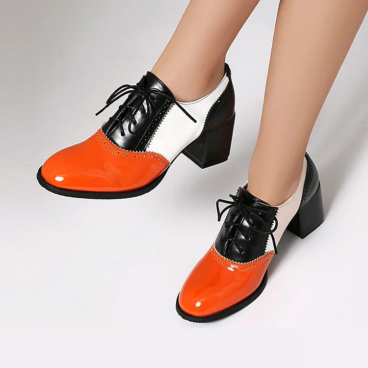 Lace Up Colorblock Round Toe Chunky Heel Brogue Oxfords