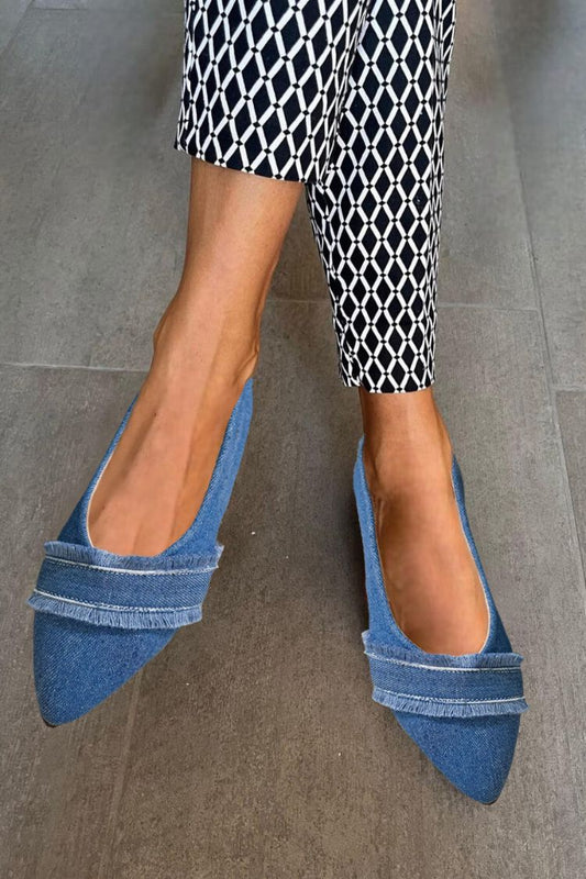 Blaue Denim-Spitzzehen-Ballerinas mit Fransen-Detail, lässig und modisch [Vorbestellung]