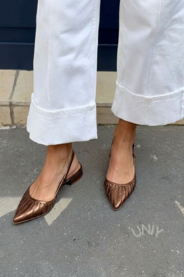 Metallic Bronze Pleated Texture Pointed Slingback Flats [Pre Order]