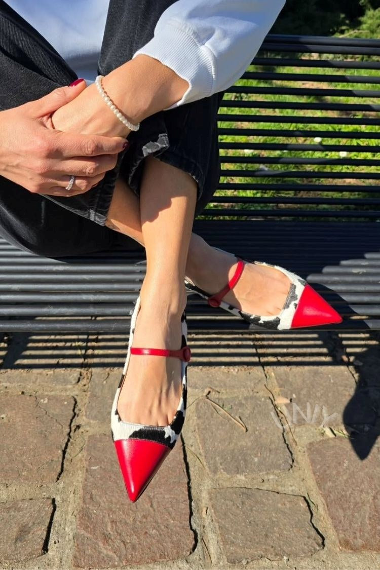 Red Color Block Pointed Toe Mary Jane Flats [Pre Order]