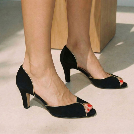 Elegant Black Suede Gold Trimmed Peep Toe Mid Heels