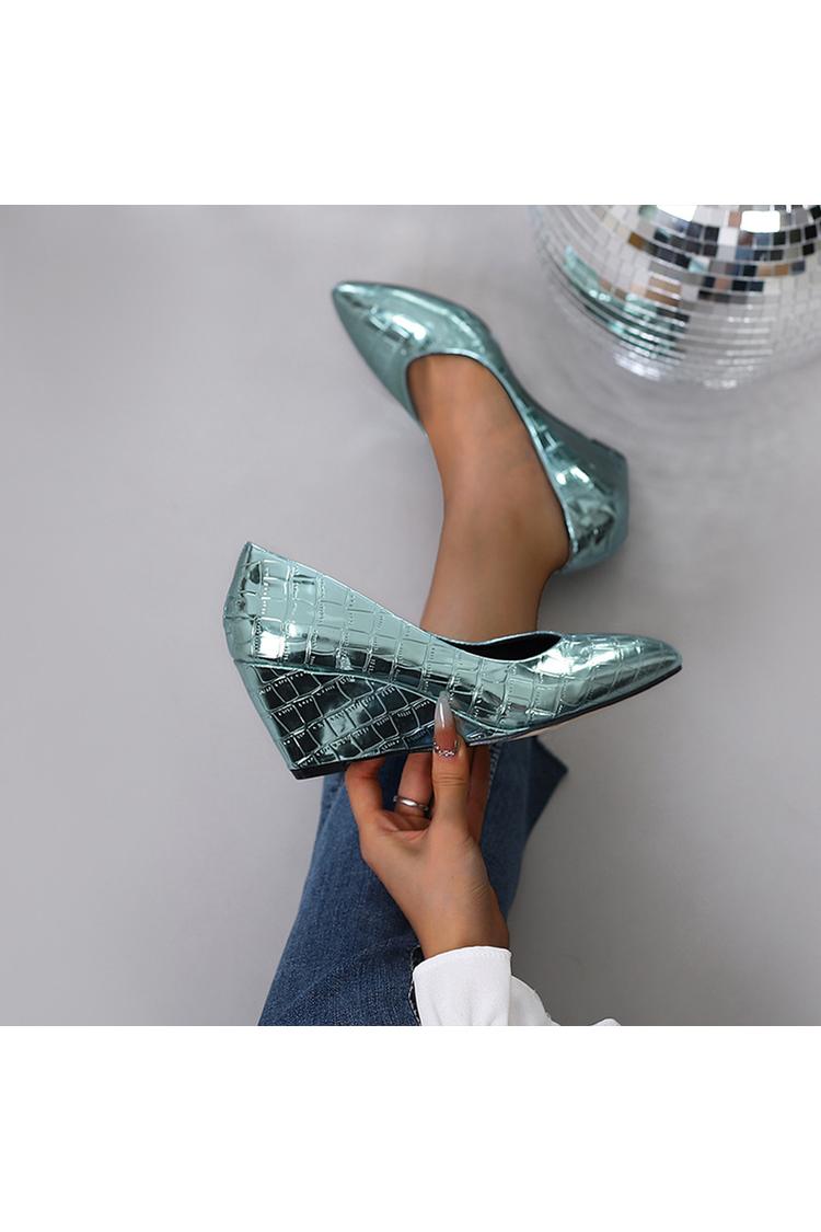 Zeppe con punta affilata, tinta unita, effetto metallizzato lucido, stampa coccodrillo