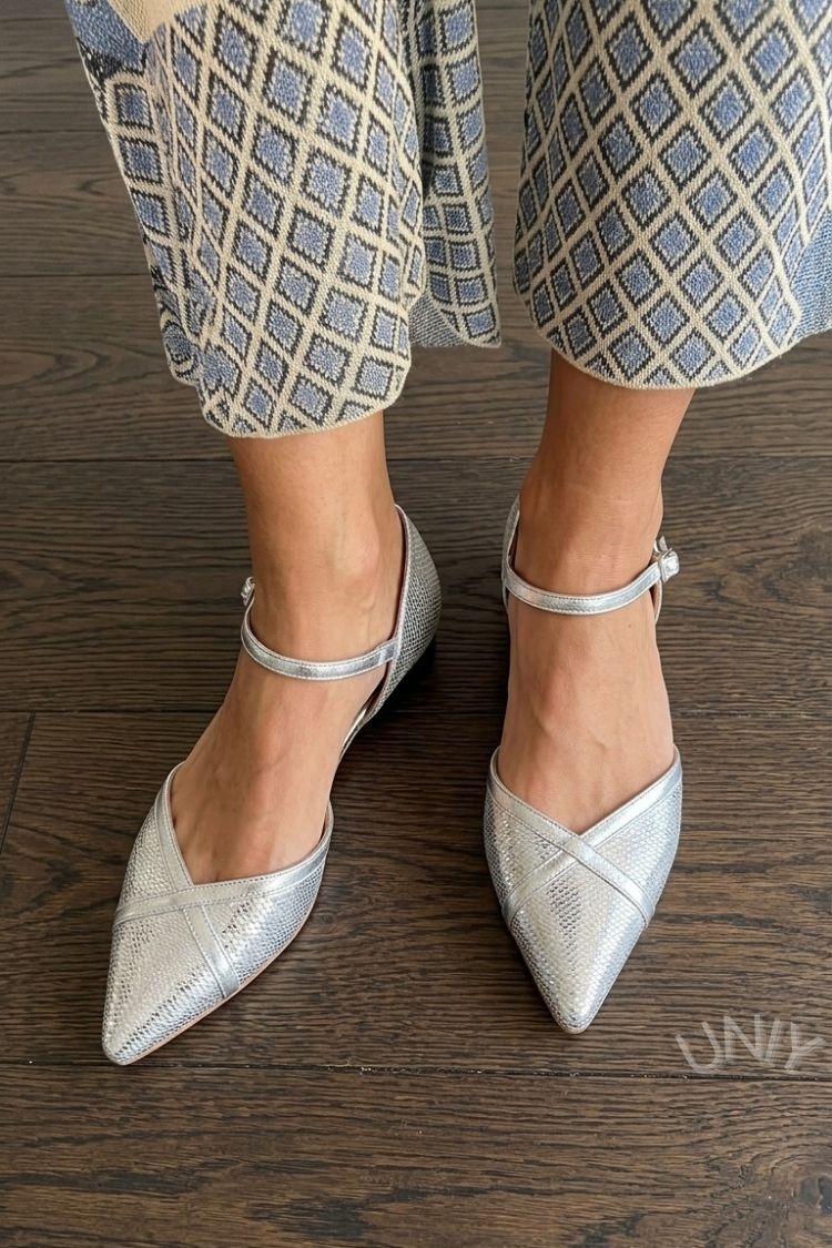 Silver Snakeskin Embossed Pointed Toe Ankle Strap Flats [Pre Order]