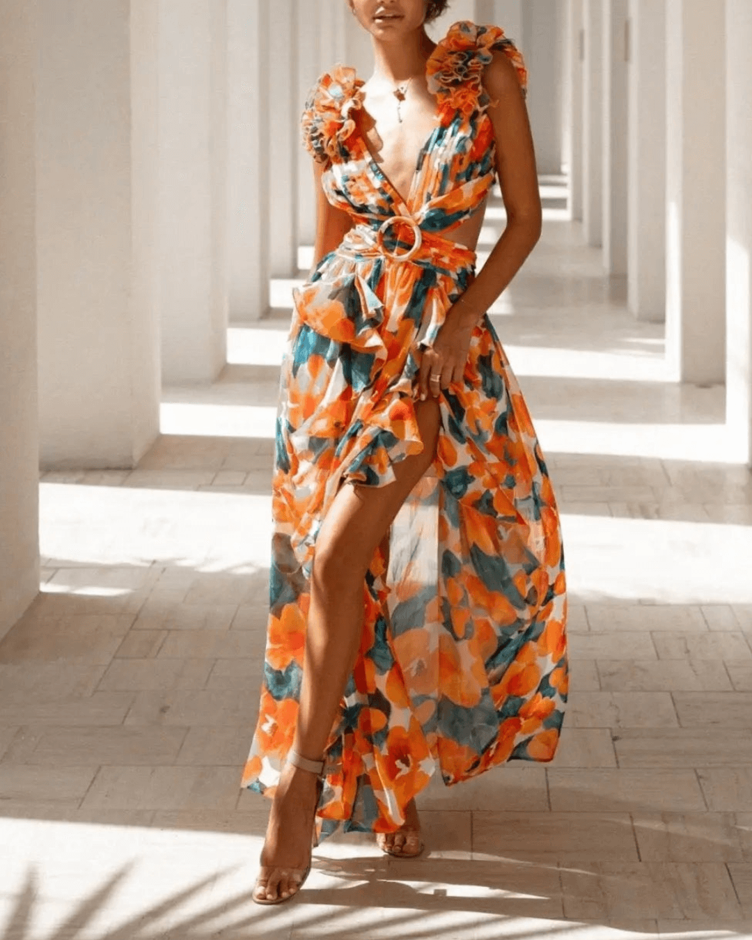 Floral Ruffle Detail Cut Out Back Lace-up Maxi Dress