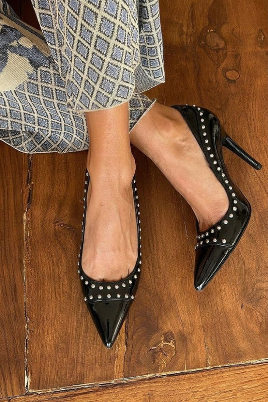 Black Leather Silver Studded Pointed Toe Heels [Pre Order]