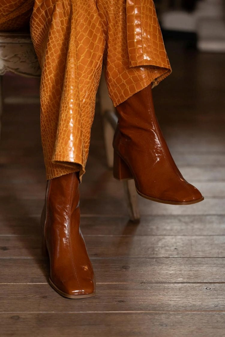 Square Toe Patchwork Patent Versatile Block Heel Ankle Boots [Pre Order]