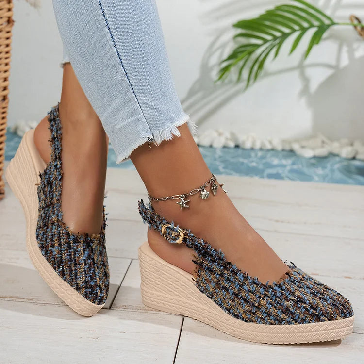 Raw Trim Pointed Toe Slingback Strap Buckle Wedge Sandals