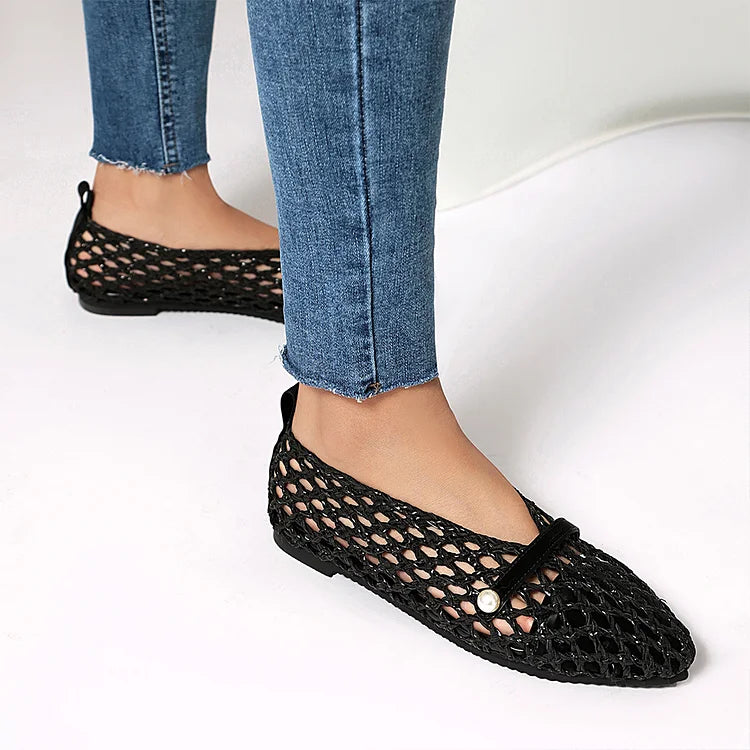Patchwork Hollow Out Fishnet Instep Strap Pointed Toe Flats