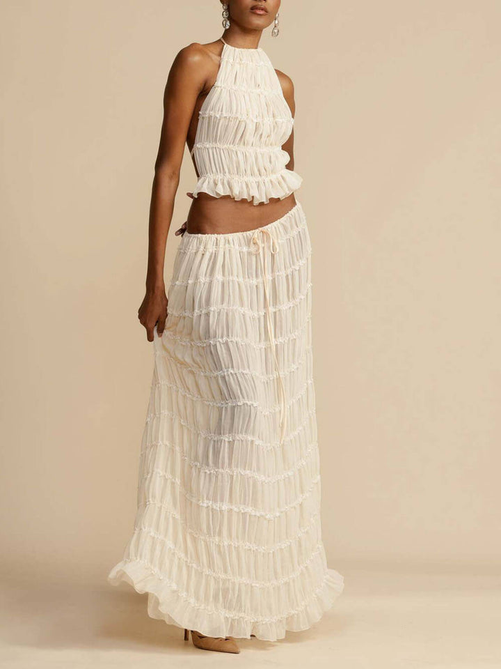 Charm Pleated Drawstring Waist Tiered Maxi Skirt set