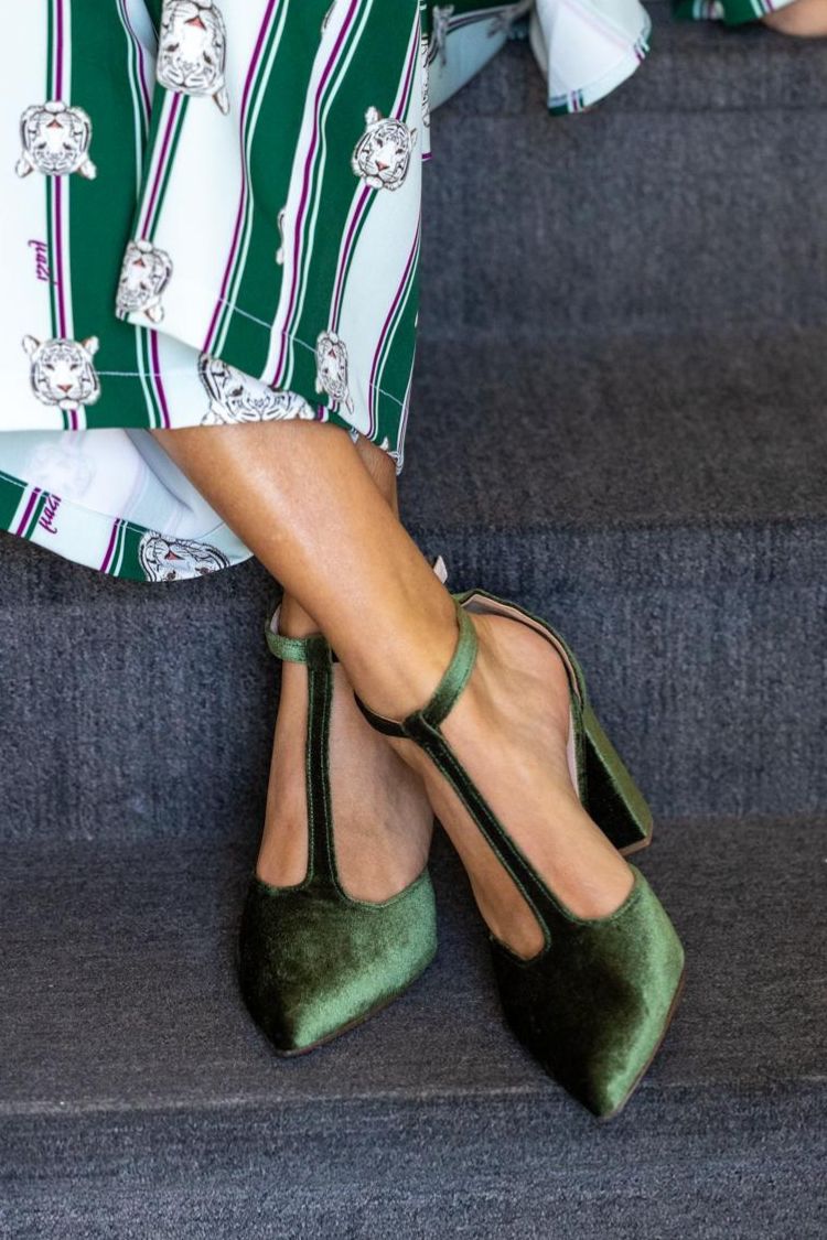 Chic Blue Velvet Pointed Toe T-Strap Block Heels [Pre Order]