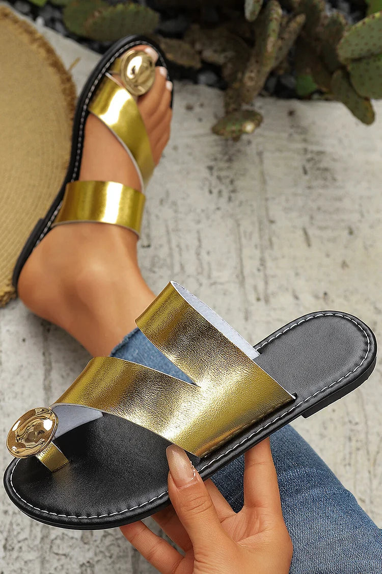 Metal Decor Toe Ring Cutout Solid Color Casual Slippers