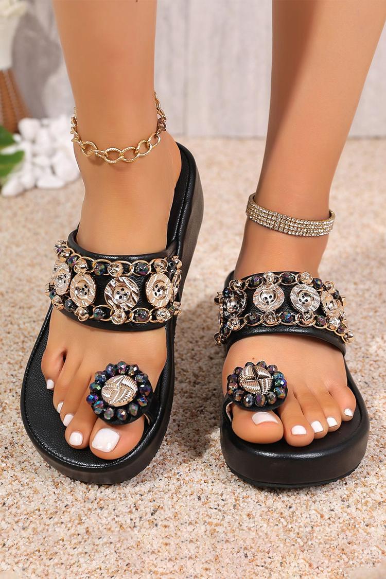 Ciabatte da spiaggia casual con zeppa, con perline metalliche lucide e decorazioni ad anello per le dita dei piedi