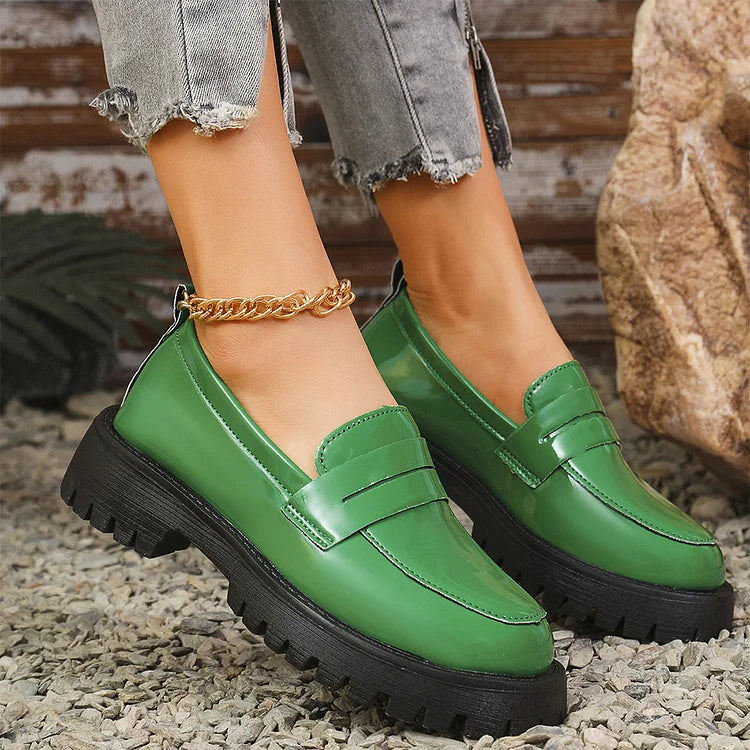 Patchwork Round Toe Low Block Heel Casual Slip On Loafers