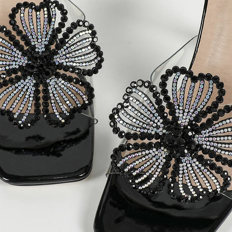 Colorblock Rhinestone Flower Decor Square Toe Sandal Heels