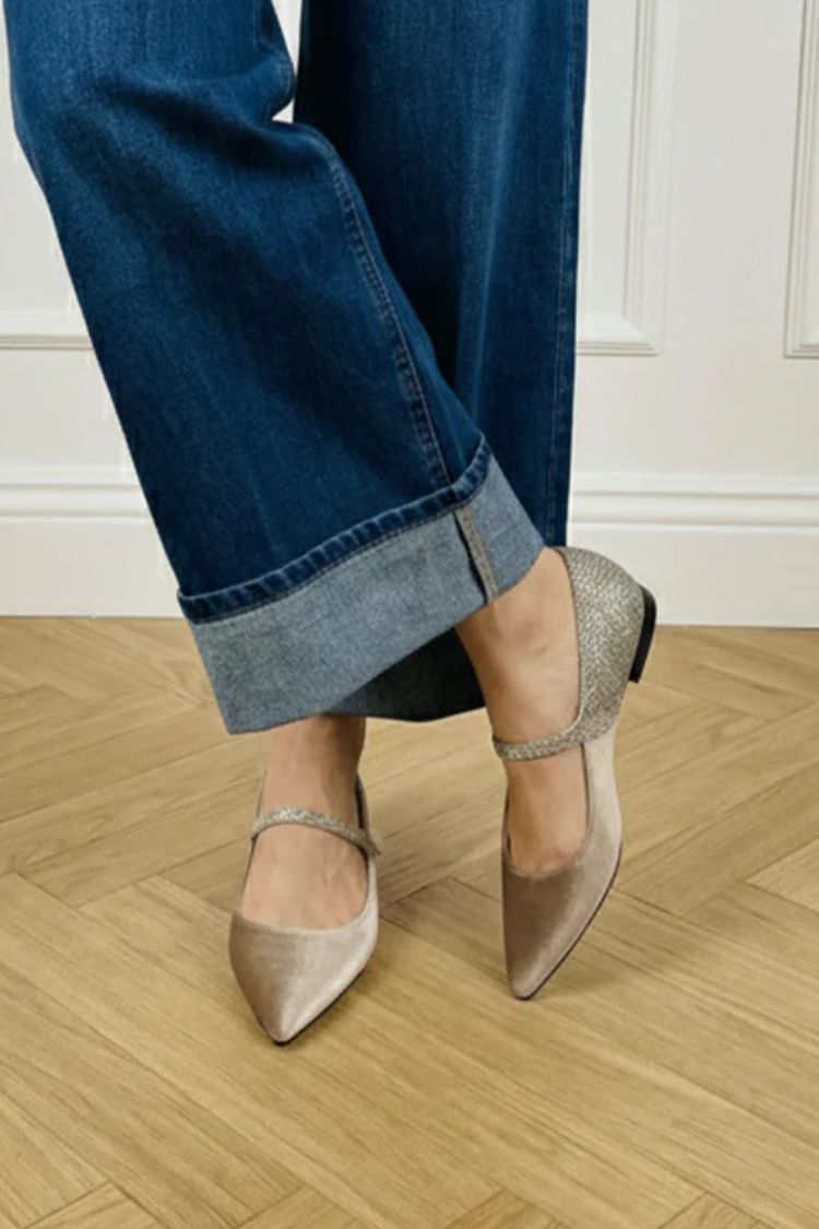 Pale Pink Velvet Pointed Toe Pearl Rhinestone Mary Jane Flats [Pre Order]