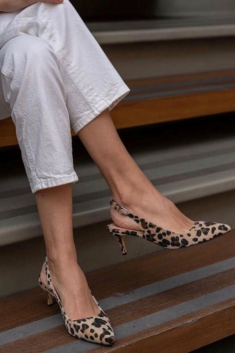 Khaki Leopardenmuster Spitz zulaufende Slingback Kitten Heels [Vorbestellung]