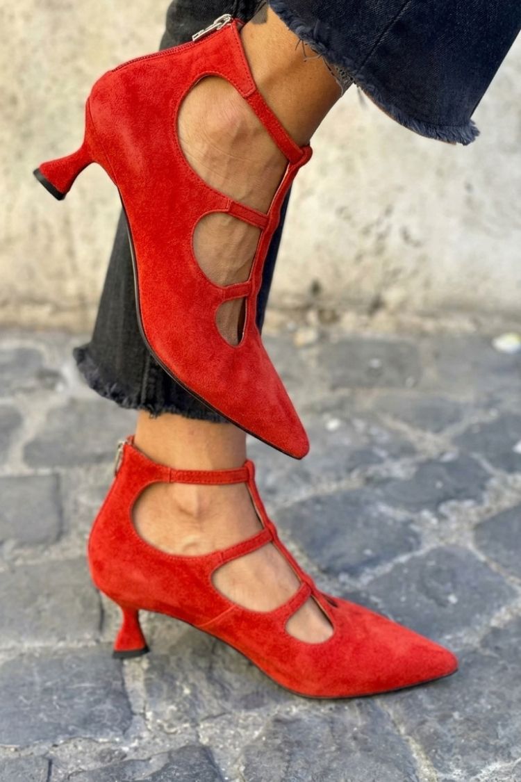 Hollow Out Ankle Strap Zip Pointed Toe Purple Kitten Heels