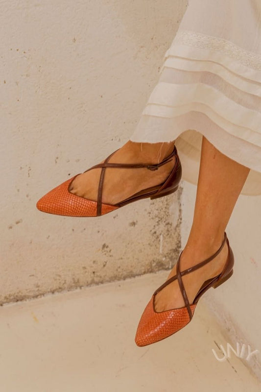 Vintage Orange Snakeskin Crossover Strap Pointed Toe Flats [Pre Order]