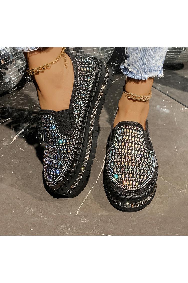 Strassverzierung Steppdetail Rundzehen Freizeit Plateau Loafers