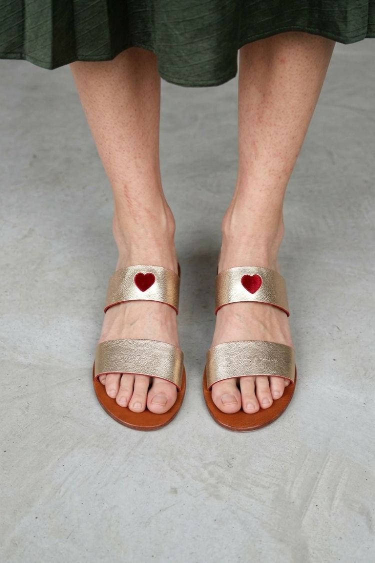 Gold Red Heart Round Toe Double Strap Flat Slides [Pre Order]