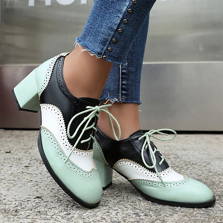 Scarpe Oxford Brogue con Tacco Grosso e Lacci, Punta Rotonda e Patchwork Color Block 