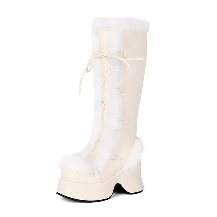 Fluffy Trim Lace Up Round Toe Chunky Heel Platform Snow Boots