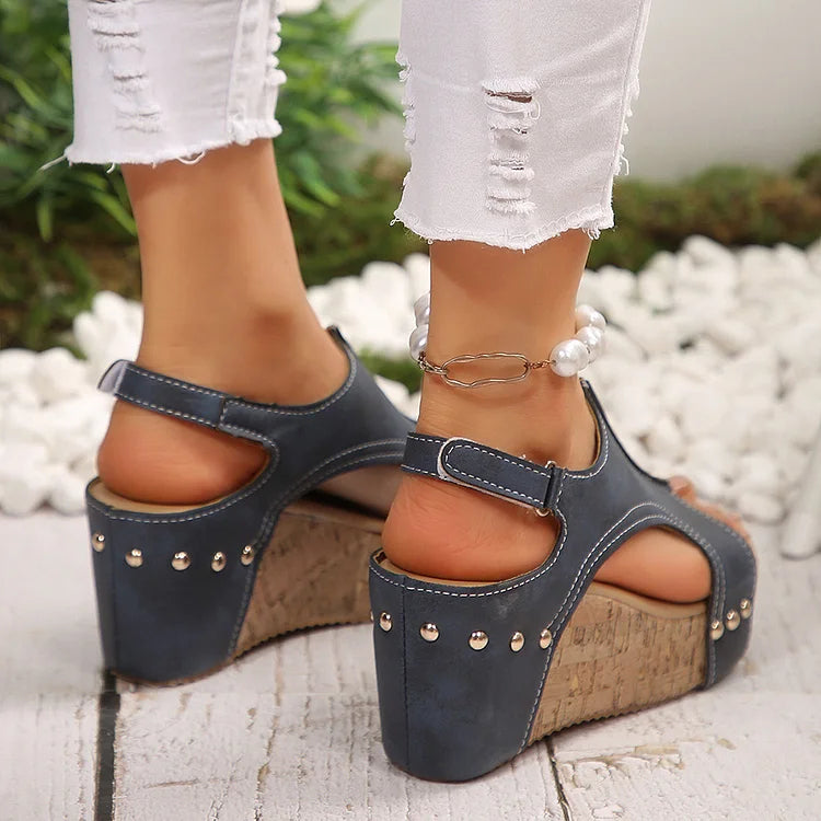 Leopard Print Cut Out Open Toe Metallic Studded Wedge Sandals