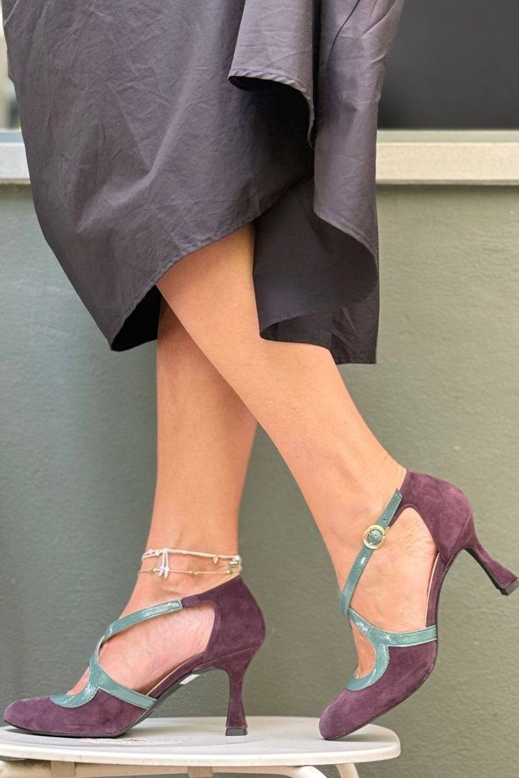 Suede Cross Strap Colorblock Purple Heels [Pre Order]