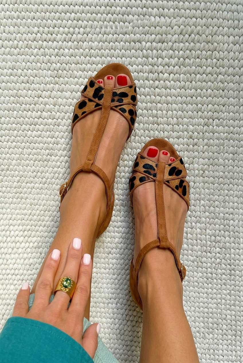Leopard Print T-Strap Peep Toe Flat Sandals [Pre Order]