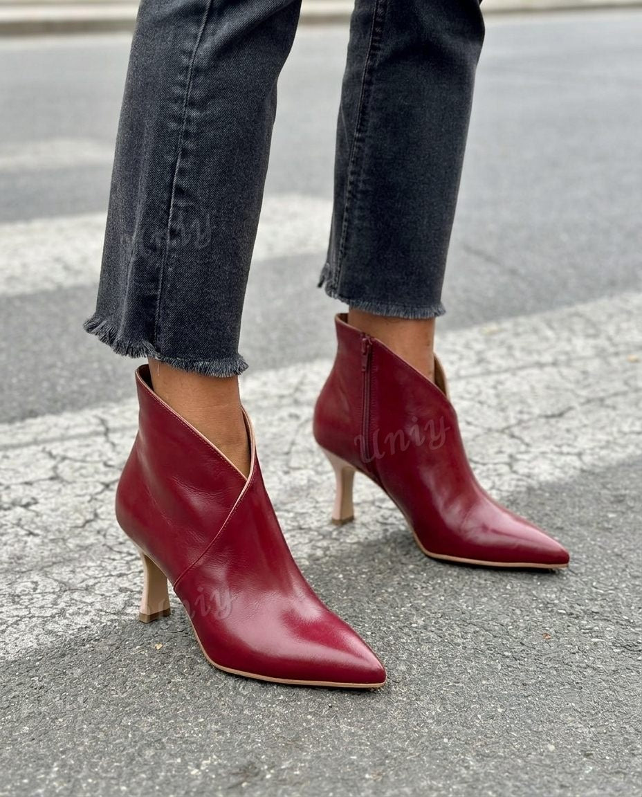 V-Cut Pointed Toe Side Zip Kitten Heel Booties [Pre Order]