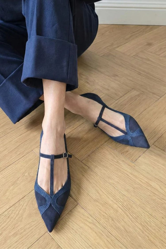 Retro Navy Blue Faux Suede Pointed Toe T-Strap Flats [Pre Order]
