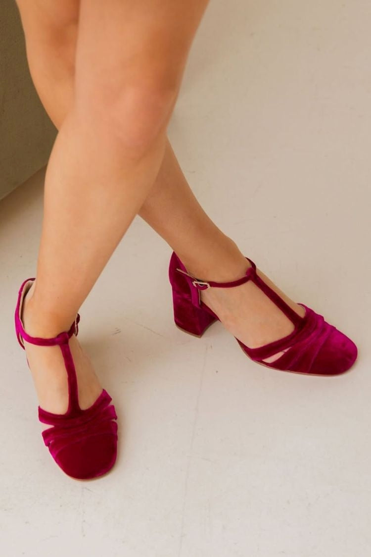 Vintage Burgunder Samt T-Riemchen Rundzehen Blockabsatz [Vorbestellung]