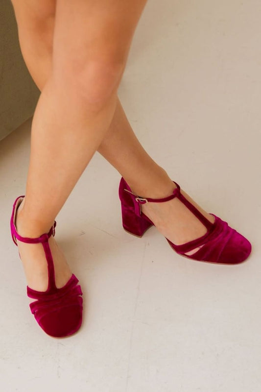 Vintage Burgunder Samt T-Riemchen Rundzehen Blockabsatz [Vorbestellung]