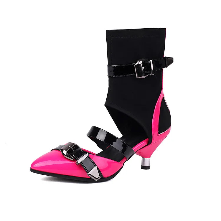 Sandali alti con cinturini multipli colorblock e fibbie, punta affilata 