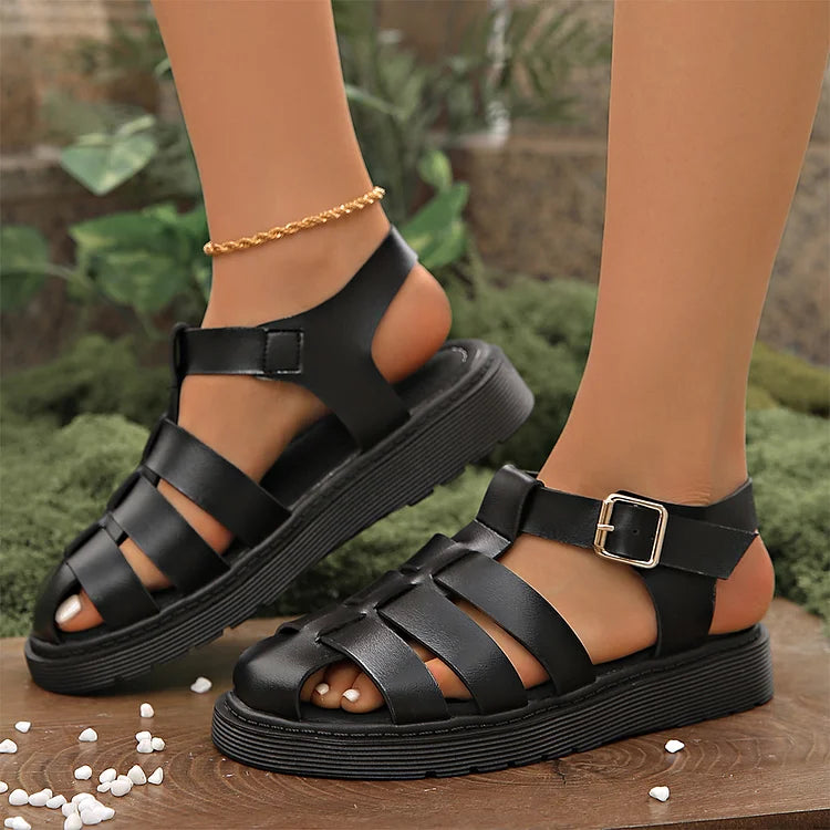 Woven Solid Color Hollow Out T-Strap Buckle Round Toe Sandals