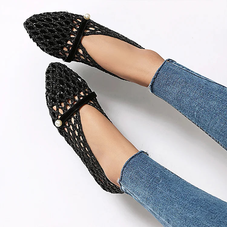 Patchwork Hollow Out Fishnet Instep Strap Pointed Toe Flats