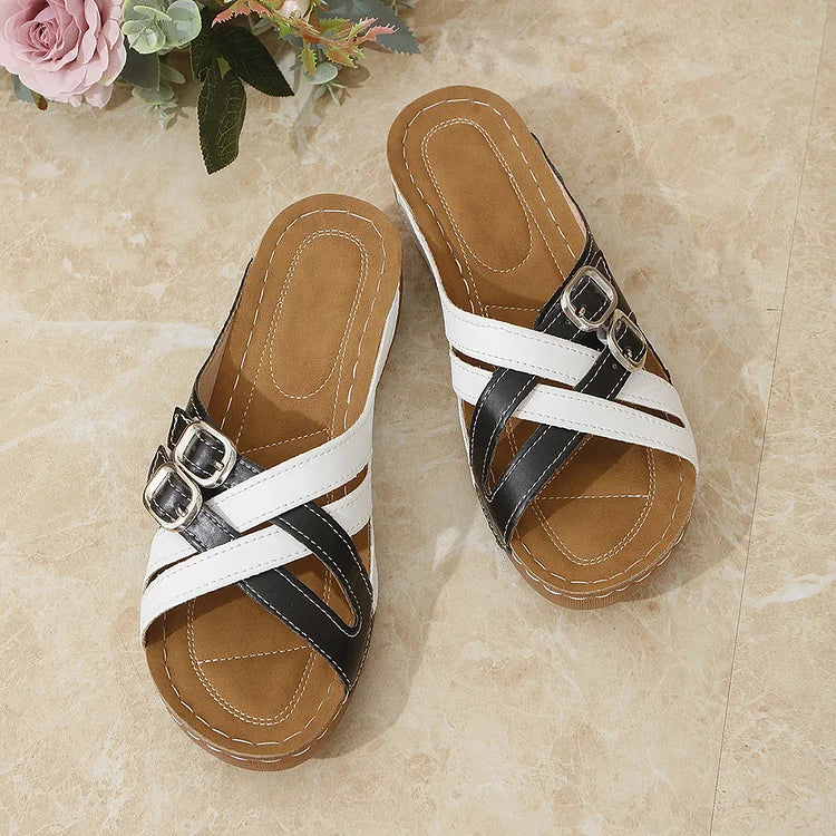 Colorblock Cross Straps Buckles Round Toe Casual Wedge Slippers