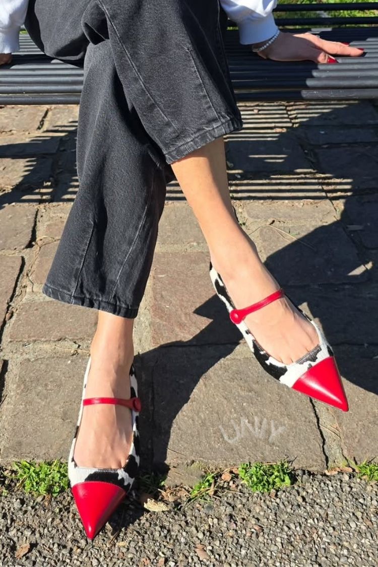 Red Color Block Pointed Toe Mary Jane Flats [Pre Order]