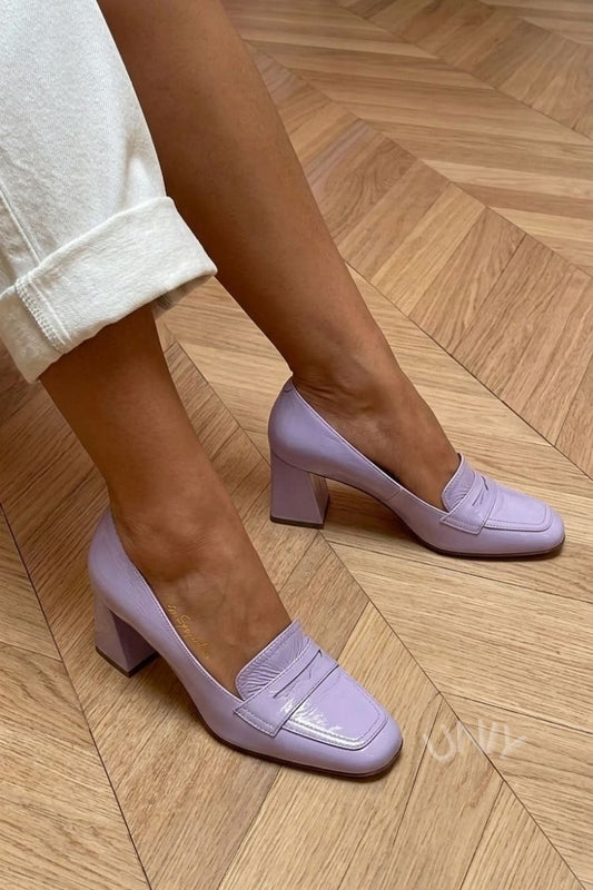 Lilac Patent Leather Square Toe Block Heel Loafers [Pre Order]