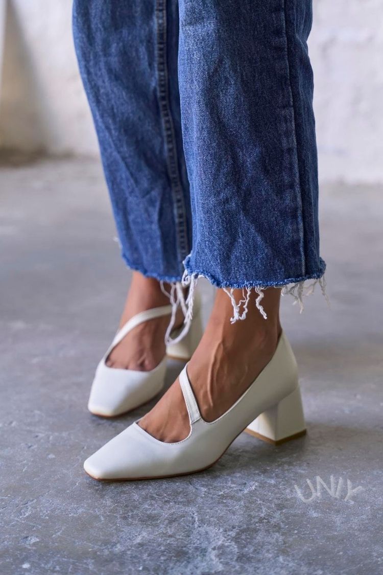 Minimalist Off-White Square Toe Asymmetric Strap Block Heels [Pre Order]