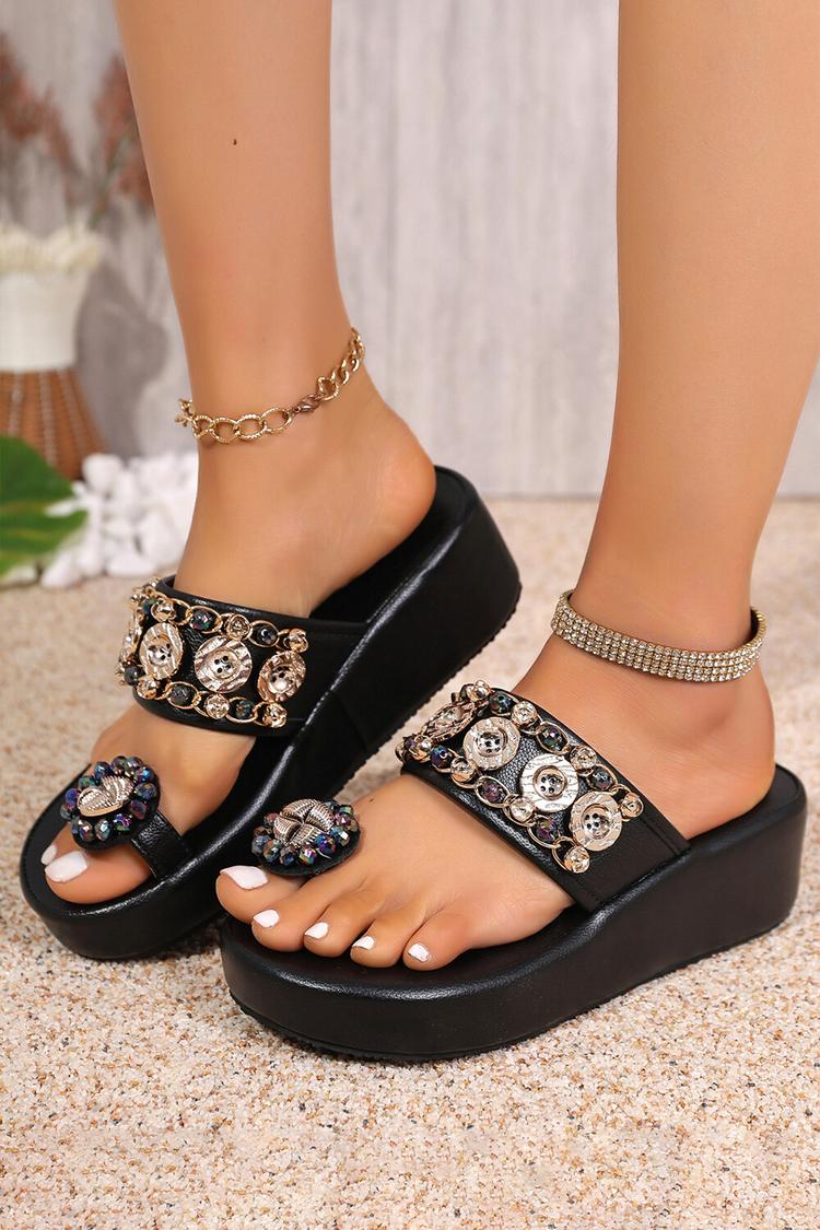 Ciabatte da spiaggia casual con zeppa, con perline metalliche lucide e decorazioni ad anello per le dita dei piedi