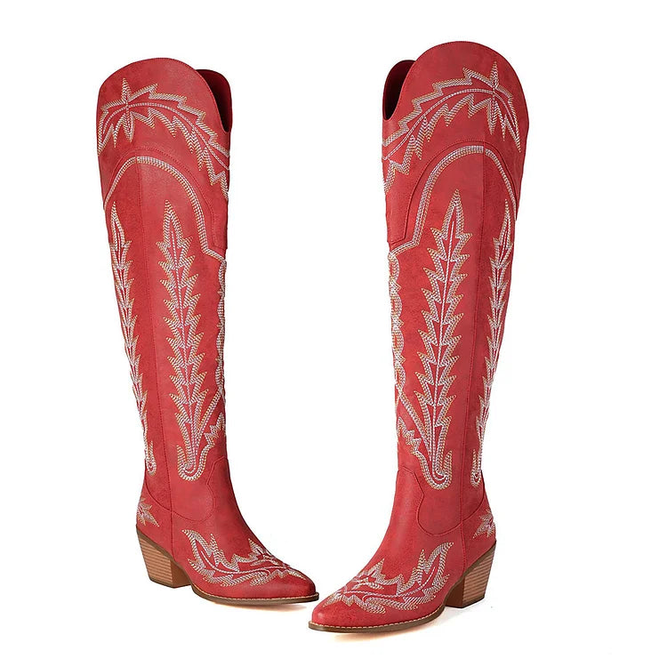 Embroidery V Cut Zipper Pointed Toe Chunky Heel Over The Knee Boots