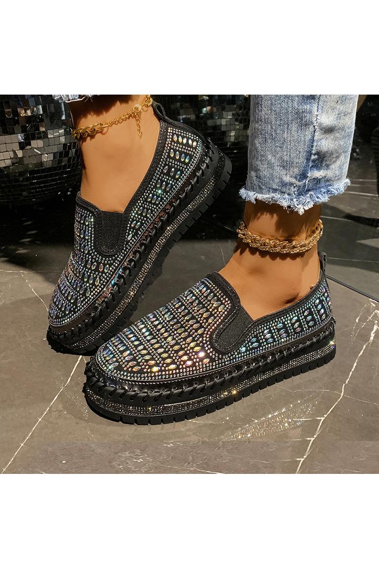 Strassverzierung Steppdetail Rundzehen Freizeit Plateau Loafers