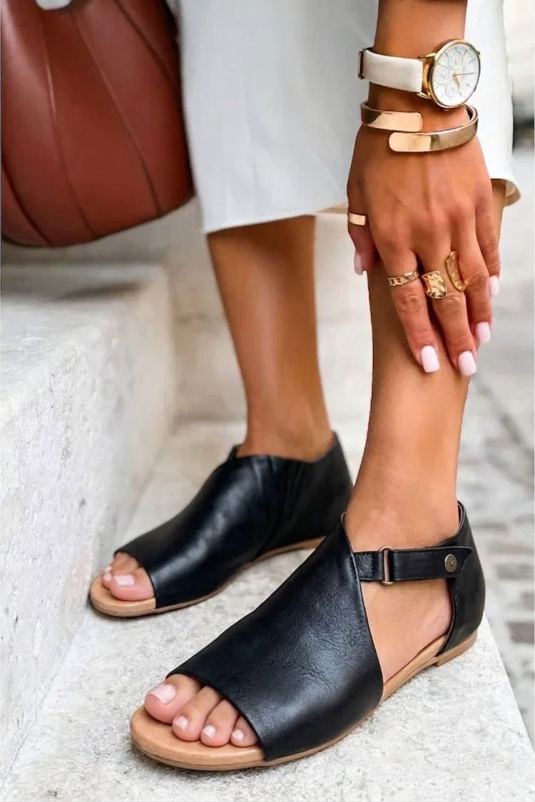 Minimalist Black Leather Open Toe Ankle Strap Sandals [Pre Order]