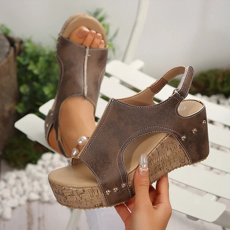 Leopard Print Cut Out Open Toe Metallic Studded Wedge Sandals