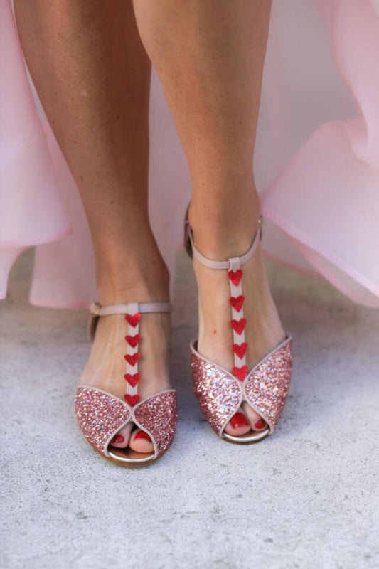 Pink Glitter Peep Toe T-Strap Red Heart Summer Sandals [Pre Order]