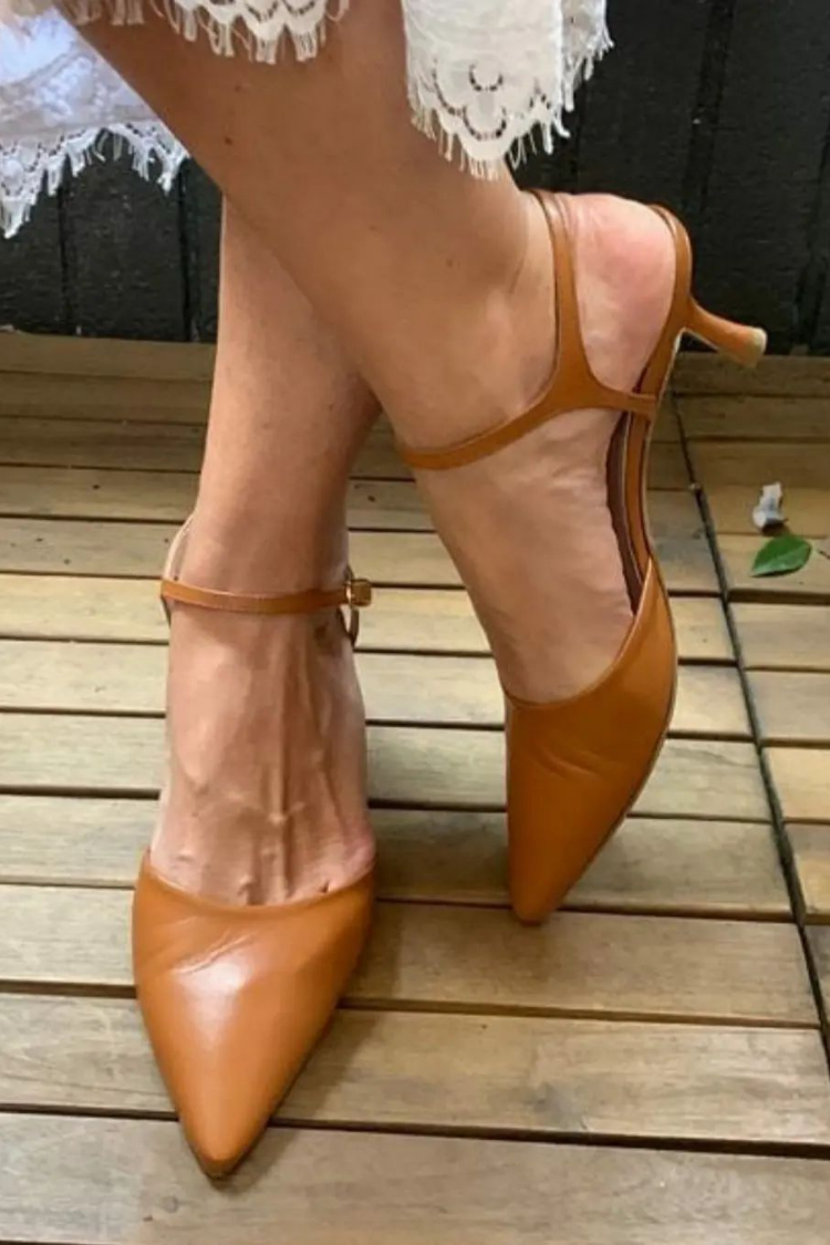 Vintage Tan Leather T-Strap Pointed Heels [Pre Order]